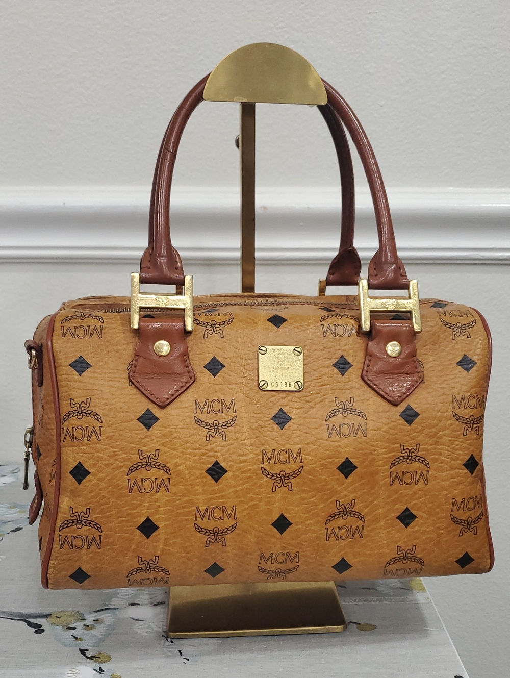 MCM Ella Cognac Visetos Leather Boston Bag